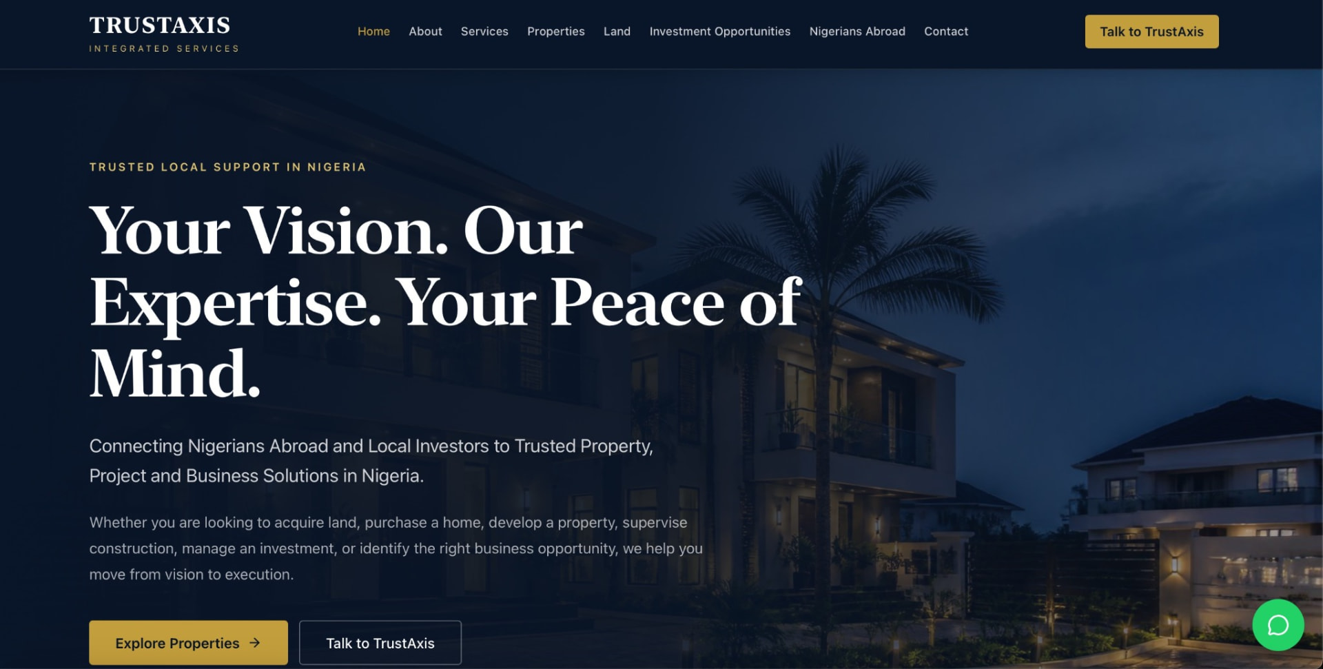 TrustAxis homepage introducing the real estate services