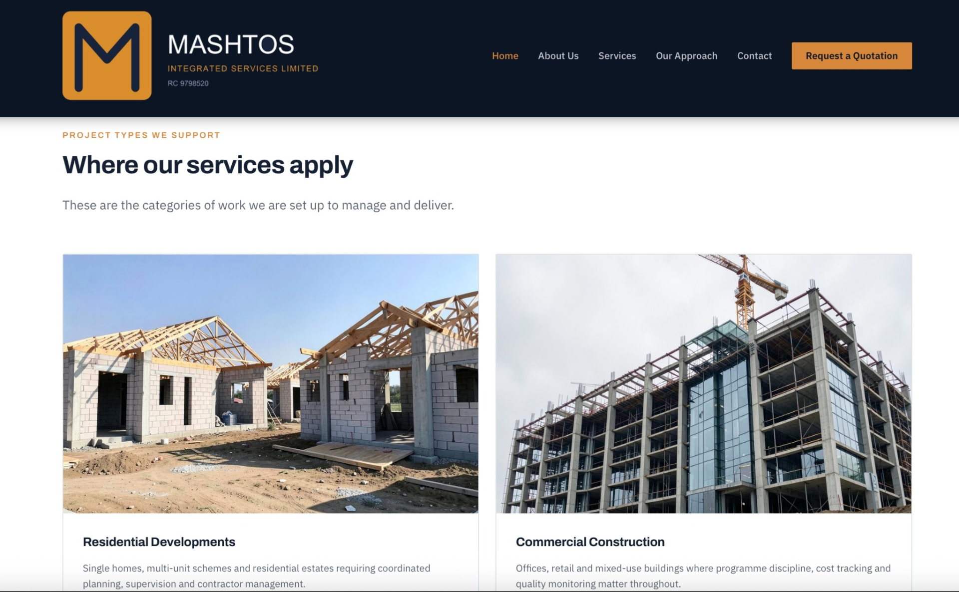 MASHTOS services page outlining construction and equipment offerings