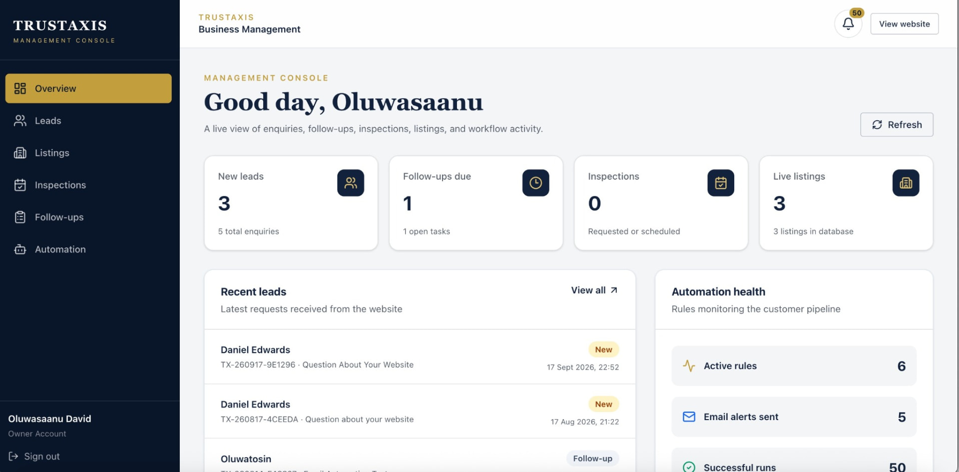TrustAxis admin dashboard listing property enquiries